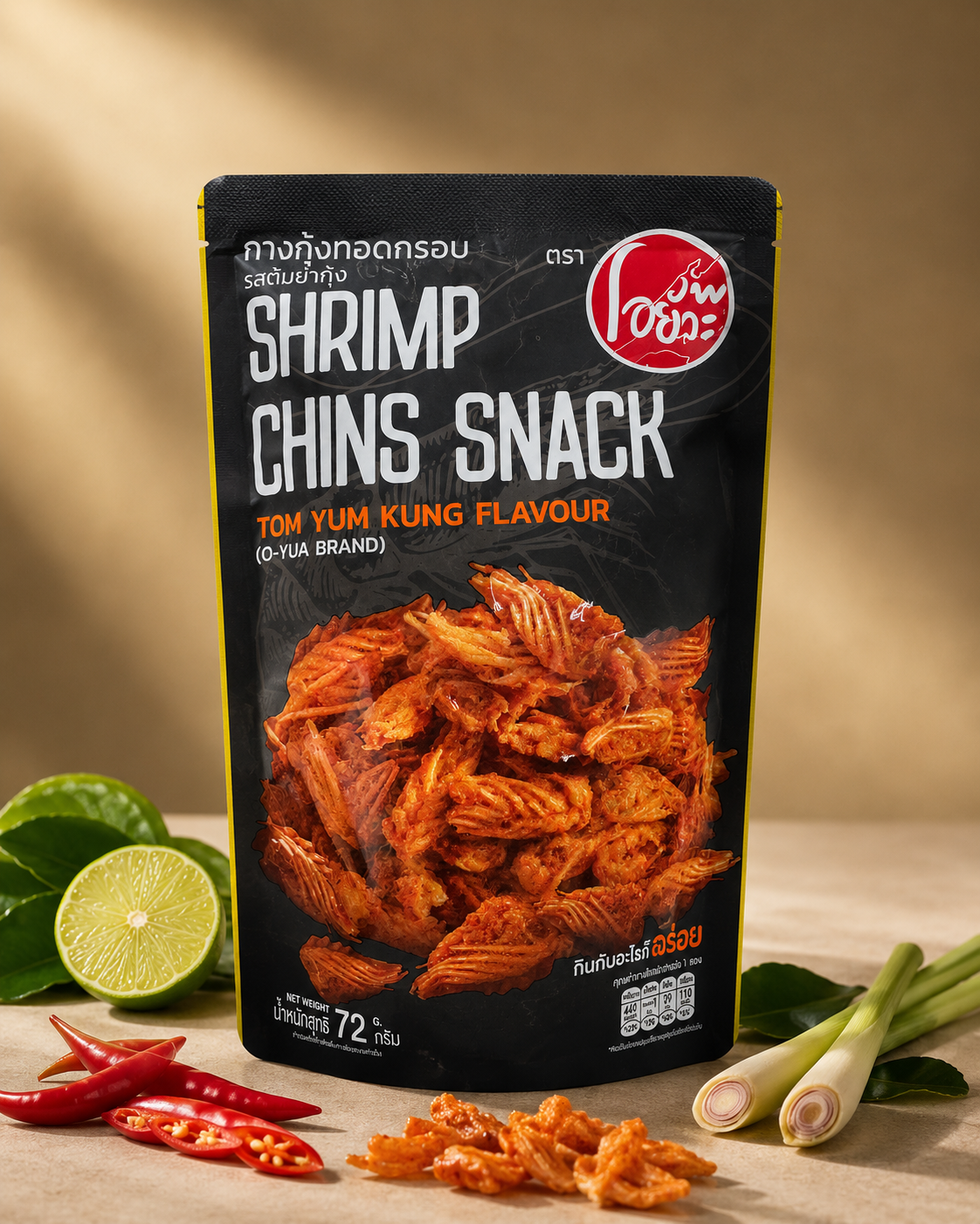 O-Yua Shrimp Chins Snack Tom Yum Kung Flavour 72g