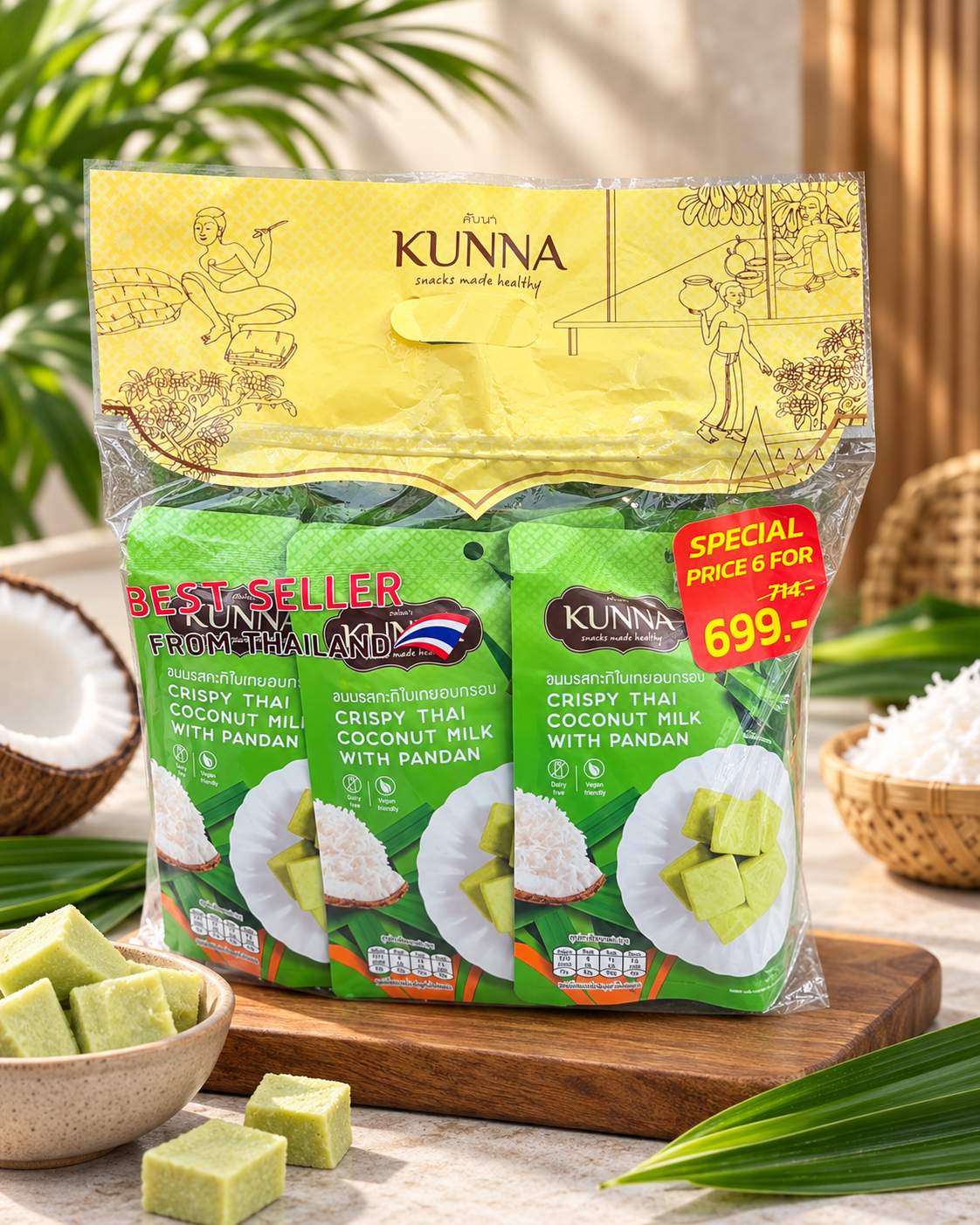 KUNNA Crispy Thai Coconut Milk with Pandan – 6 Packs Combo